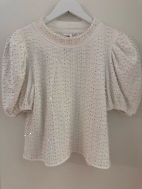 QUEEN OF SPARKLES White Sequin and Pearl Puff Sleeve Top